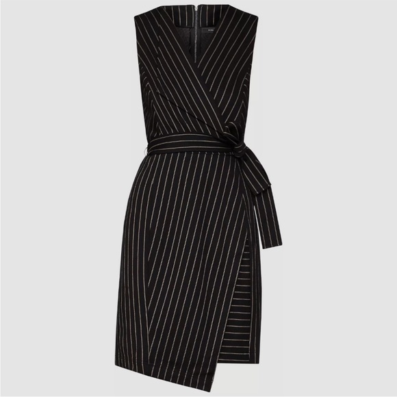 BCBGMAXAZRIA Professional Black Pinstripe Faux-Wrap Asymmetrical Belted Dress XS - Picture 7 of 13